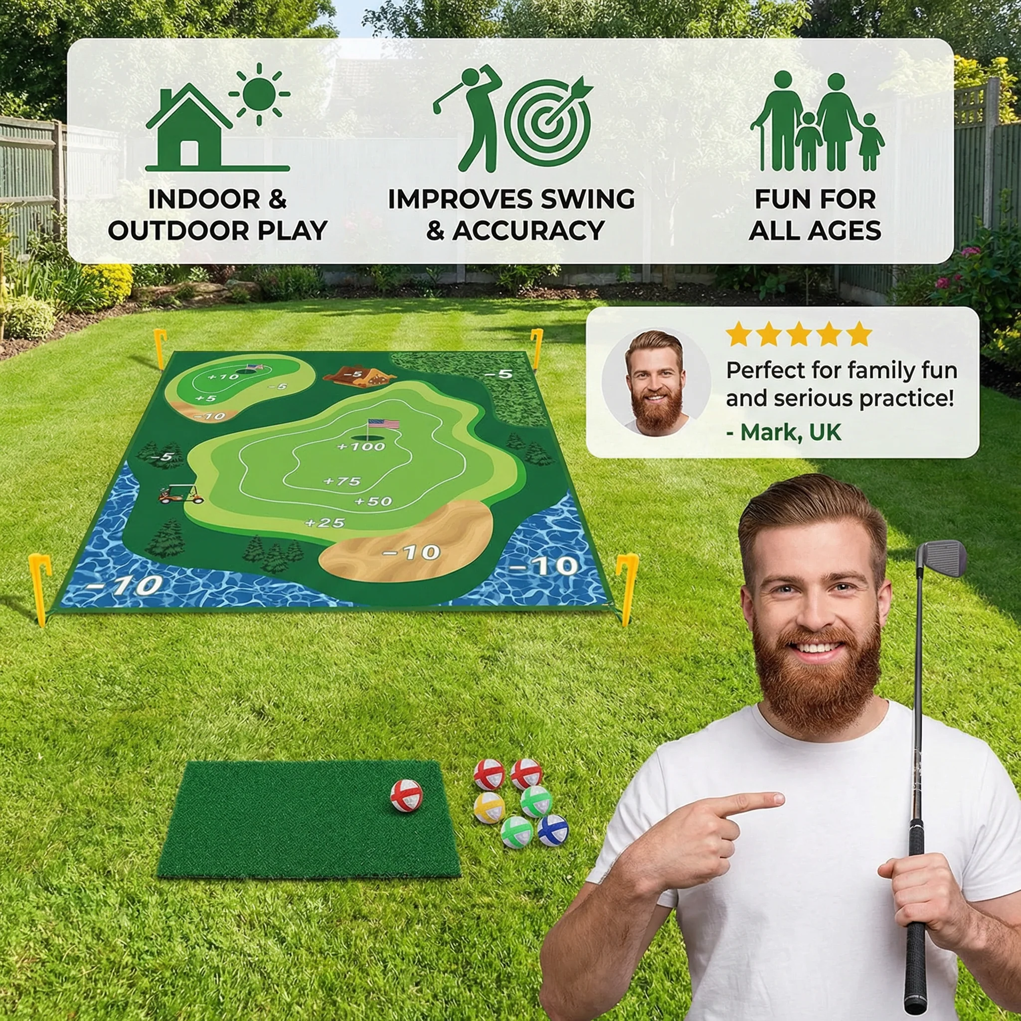 2in1 Golf Training & Play Set – Indoor & Outdoor Swing Mat with Target Wall & Club - Image 2
