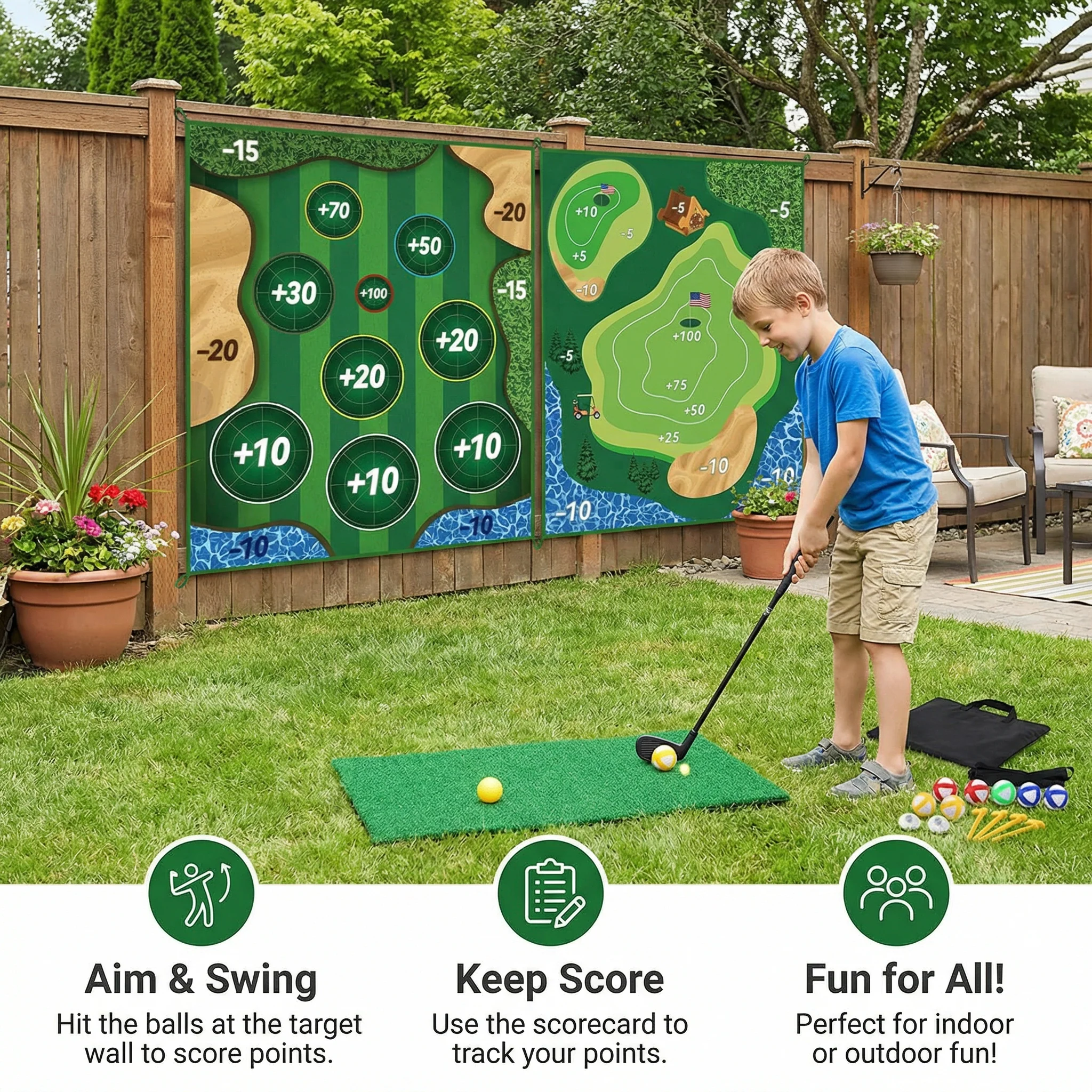 2in1 Golf Training & Play Set – Indoor & Outdoor Swing Mat with Target Wall & Club - Image 3