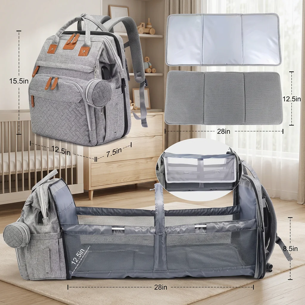3-in-1 Travel Diaper Backpack with Foldable Baby Bed – Perfect for On-the-Go Parents - Image 6