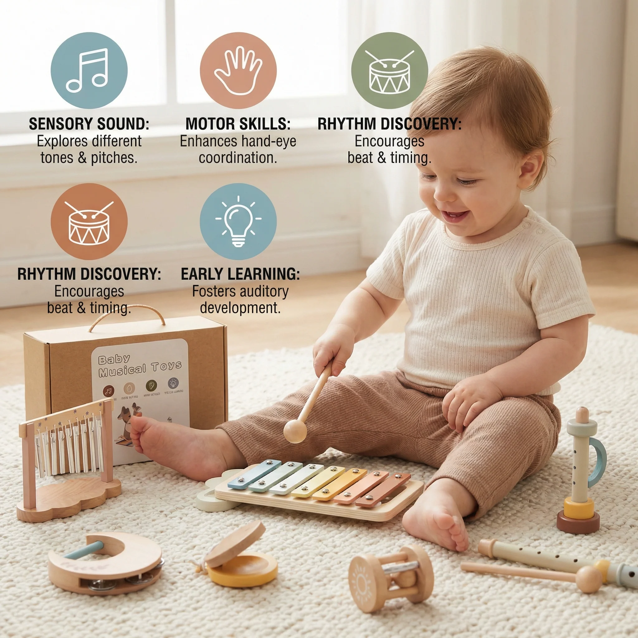 6-Piece Wooden Baby Musical Instrument Set – Sensory Sound & Music Toy - Image 4