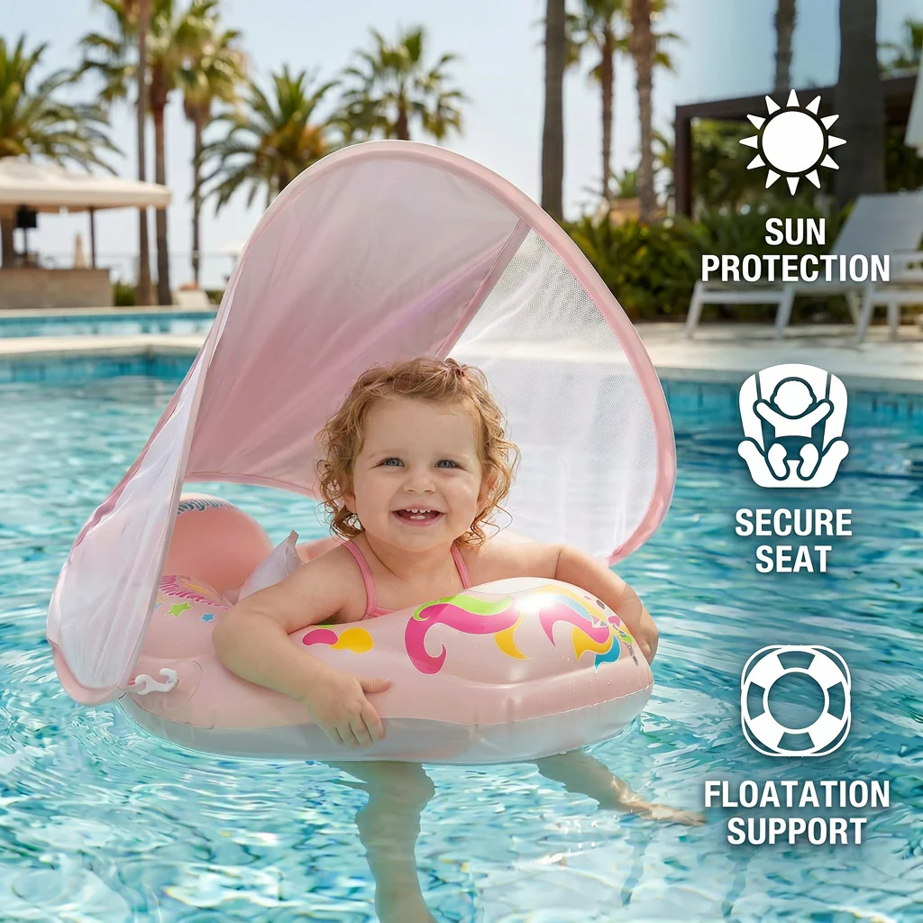 Baby Swim Float with Sun Canopy – Inflatable Infant Swimming Ring for Safe Water Fun - Image 3