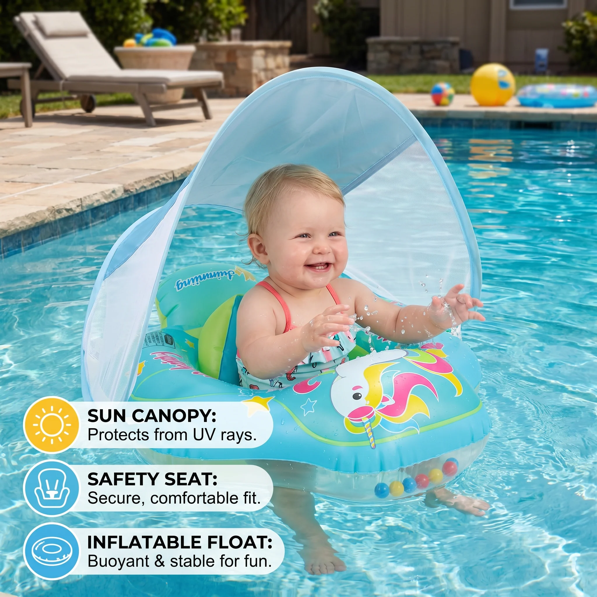 Baby Swim Float with Sun Canopy & Safety Seat – Inflatable Pool Float for Babies - Image 3