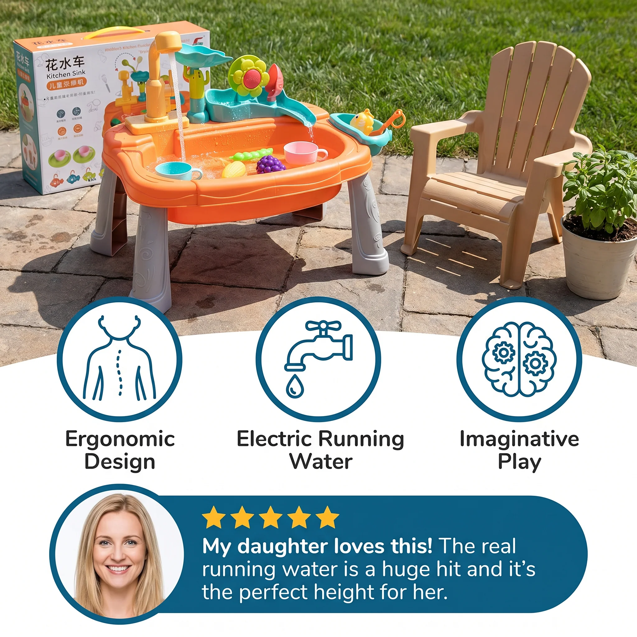 Ergonomic Elevated Kids Kitchen Sink Playset with Electric Running Water - Image 2