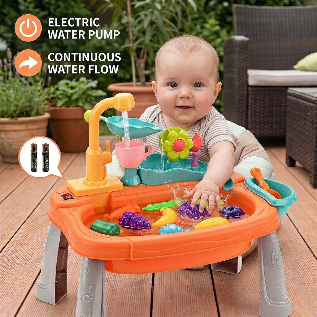 Ergonomic Elevated Kids Kitchen Sink Playset with Electric Running Water - Image 3