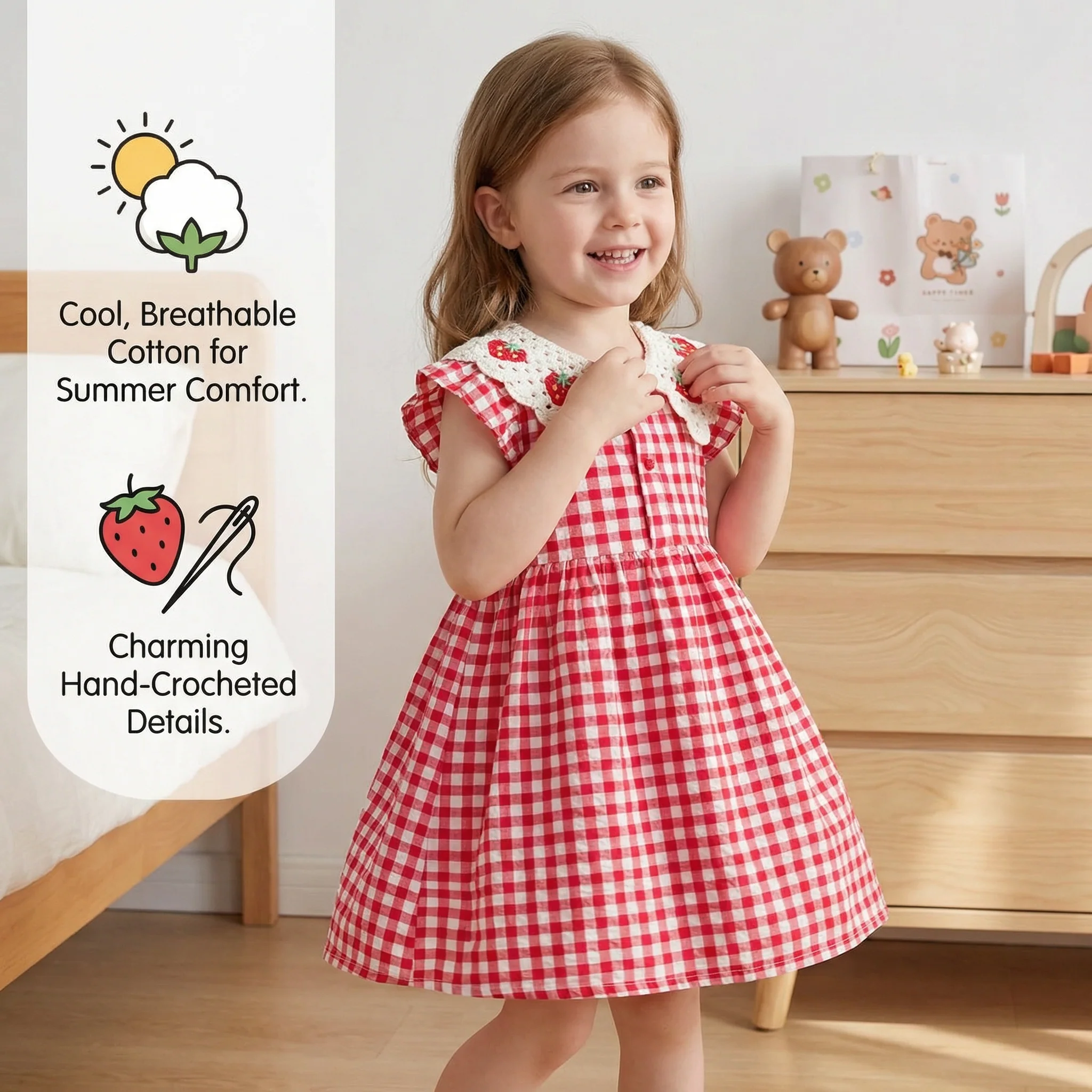 Girls’ Summer Dress with Strawberry Collar – Plaid Cotton Dress - Image 3