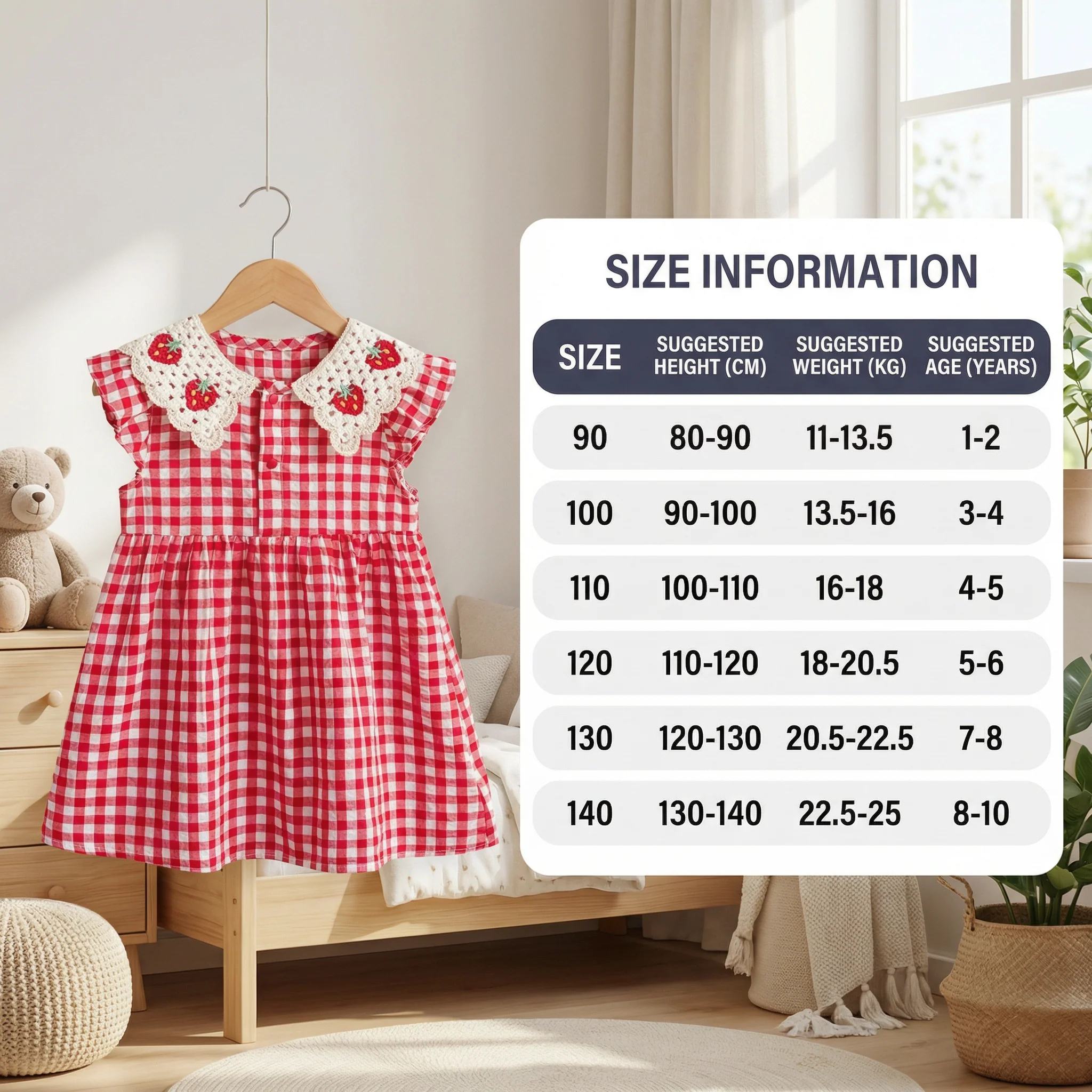 Girls’ Summer Dress with Strawberry Collar – Plaid Cotton Dress - Image 5