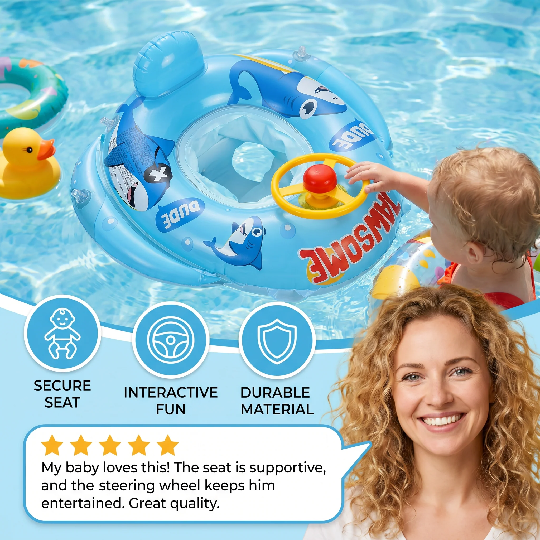 Inflatable baby swim ring with seat and steering wheel in a shark design - Image 2