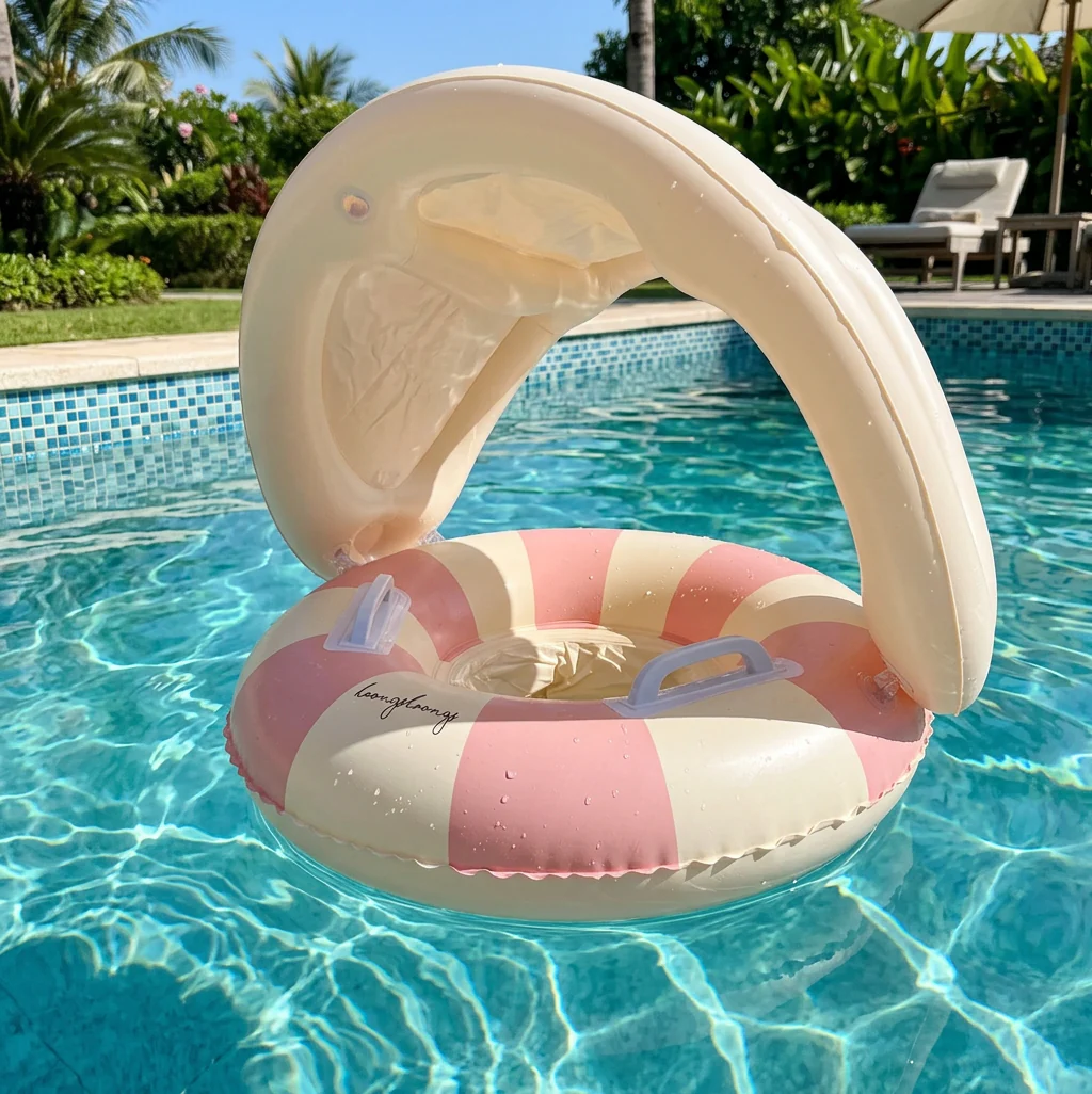Inflatable Retro Striped Baby Swim Ring with Removable Sun Canopy – Secure Seat for 6–36 Months - Image 6
