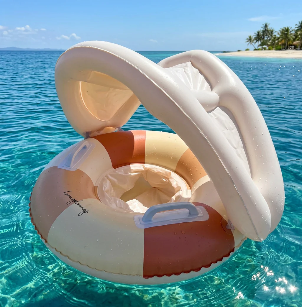 Inflatable Retro Striped Baby Swim Ring with Removable Sun Canopy – Secure Seat for 6–36 Months - Image 8
