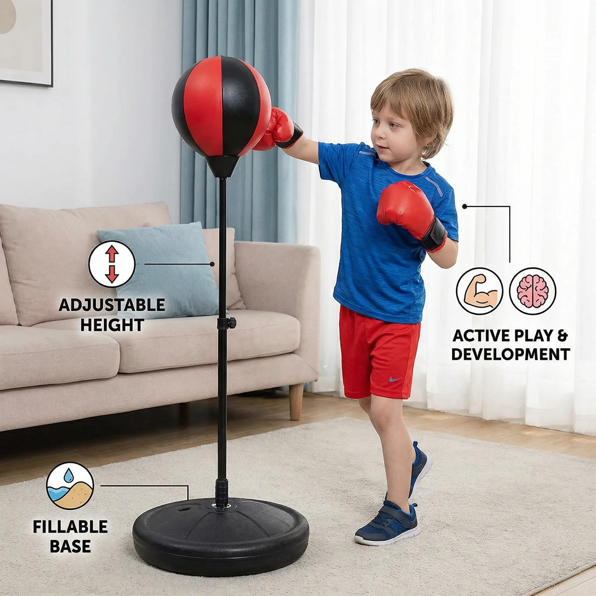 Kids Boxing Set with Standing Punching Bag & Gloves – Adjustable Height Training Set for Ages 3–8 - Image 3