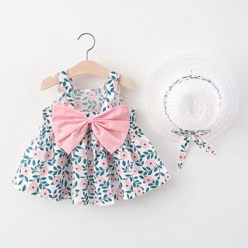 Korean Style 2-Piece Girls Dress Set – Floral Bow Strap Dress with Matching Hat - Image 12