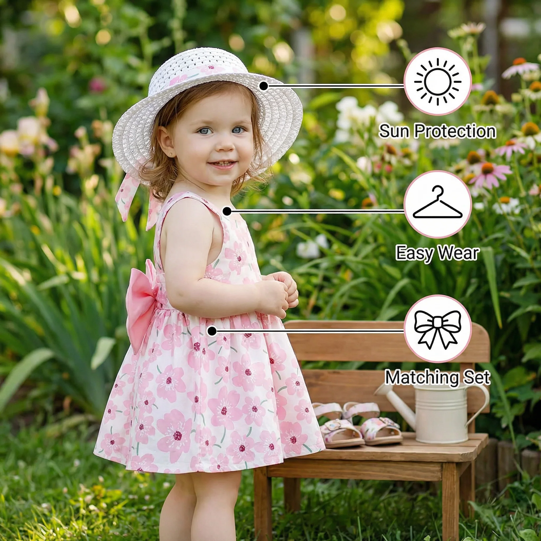 Korean Style 2-Piece Girls Dress Set – Floral Bow Strap Dress with Matching Hat - Image 3