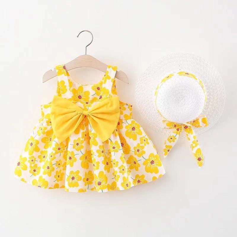 Korean Style 2-Piece Girls Dress Set – Floral Bow Strap Dress with Matching Hat - Image 6