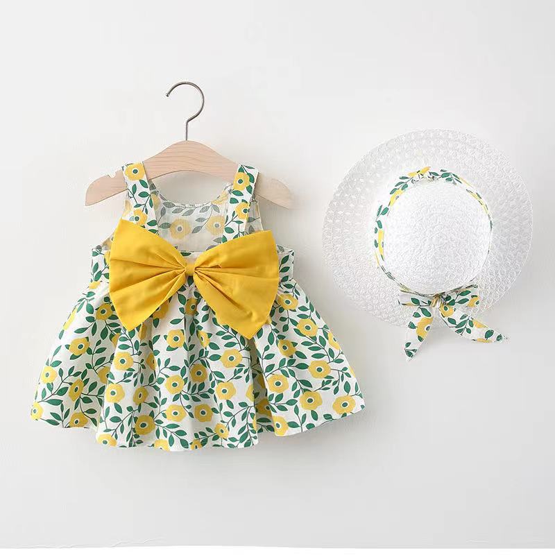 Korean Style 2-Piece Girls Dress Set – Floral Bow Strap Dress with Matching Hat - Image 9
