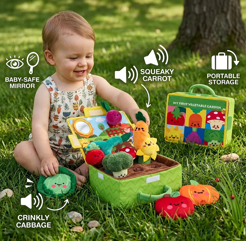 Montessori Garden Sensory Toy for Babies – Plush Fruit & Vegetable Set with Rattle, Mirror & Squeaker - Image 3