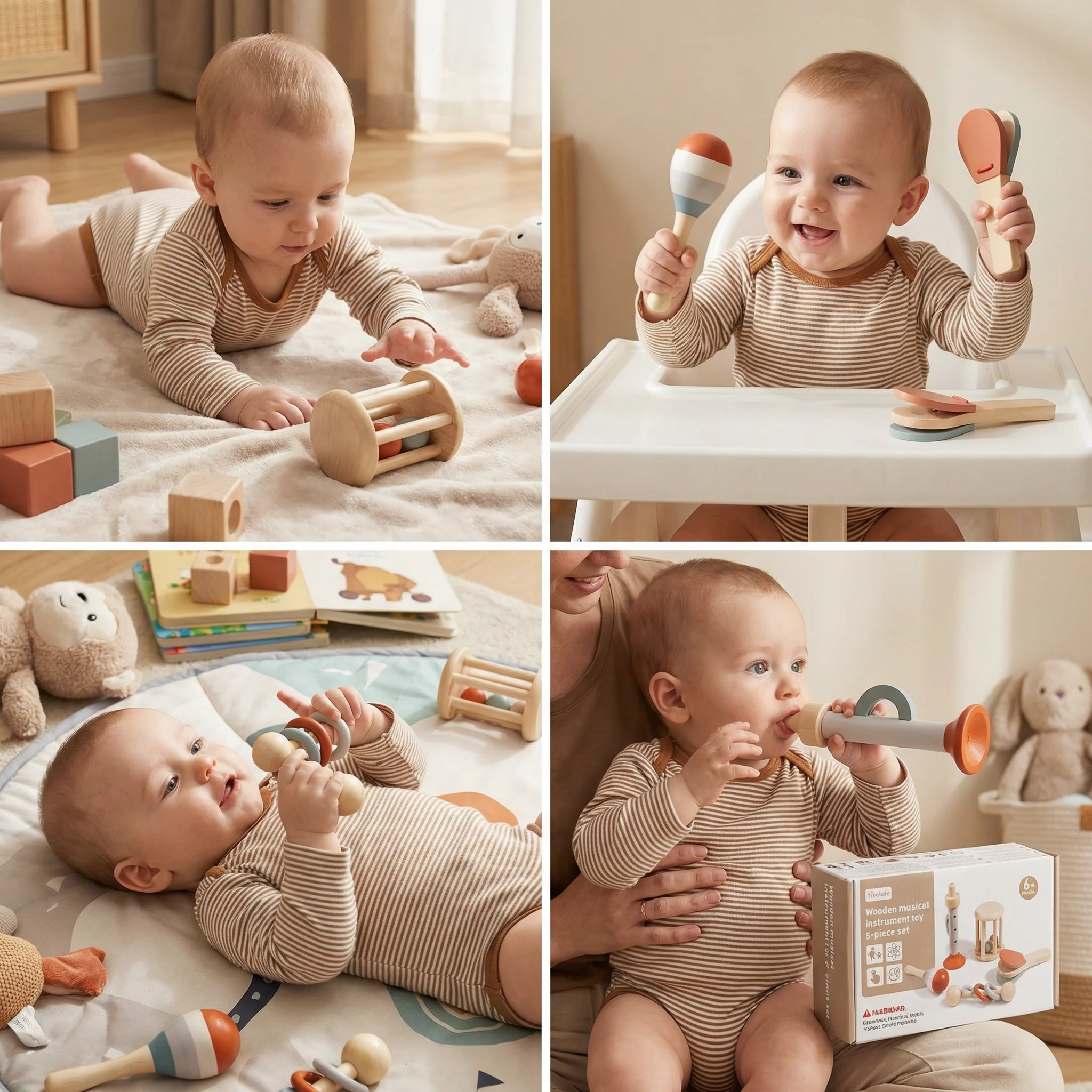 Montessori Wooden Baby Music Set – 5-Piece Sensory Rattle Toy Collection - Image 4