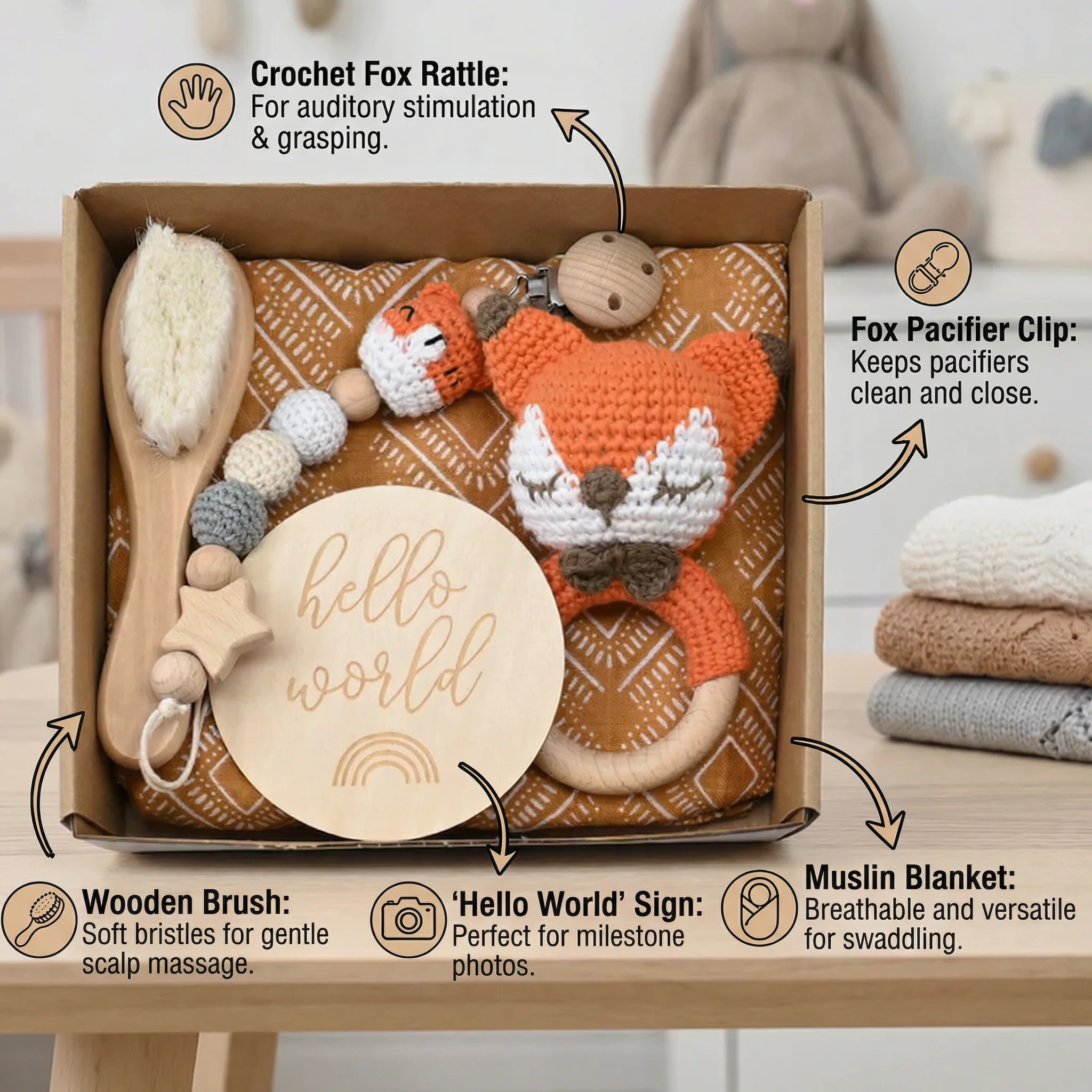 Newborn Gift Box – Crochet Animal Rattle, Wooden Toy, Muslin Blanket & Pacifier Clip - Image 3