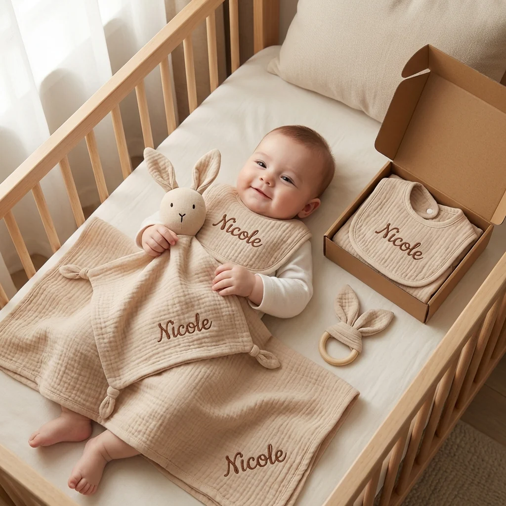 Personalised 4-Piece Newborn Gift Set – Muslin, Bunny Comforter, Teether & Bib (100% Cotton) - Image 5
