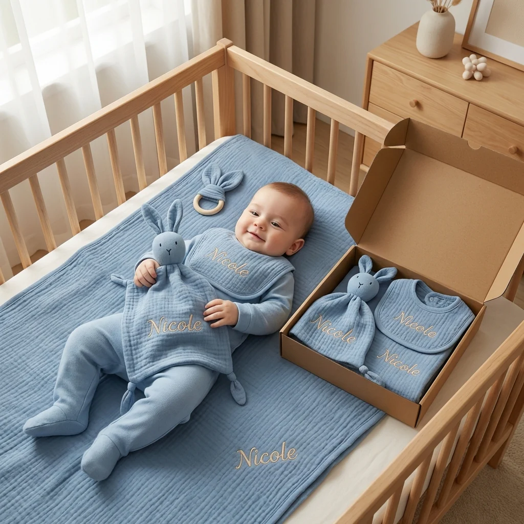 Personalised 4-Piece Newborn Gift Set – Muslin, Bunny Comforter, Teether & Bib (100% Cotton) - Image 6