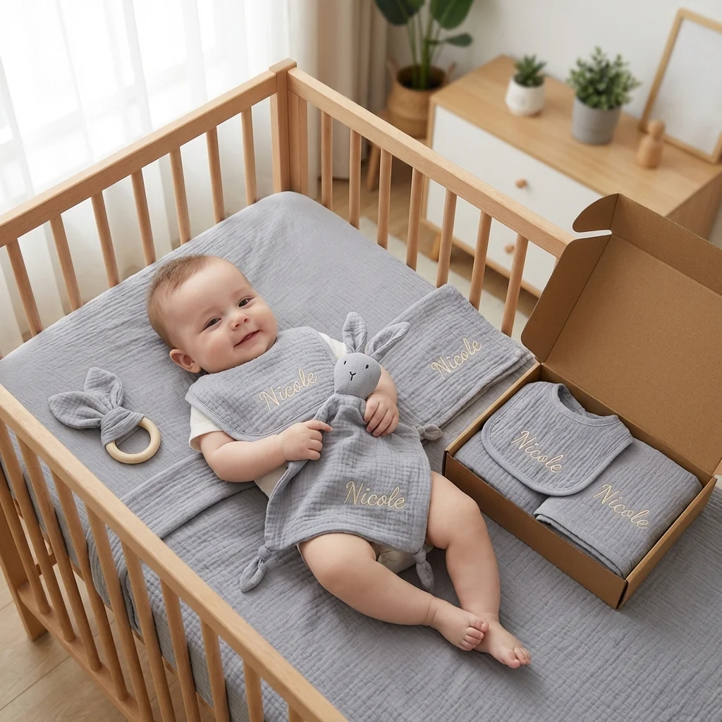 Personalised 4-Piece Newborn Gift Set – Muslin, Bunny Comforter, Teether & Bib (100% Cotton) - Image 8