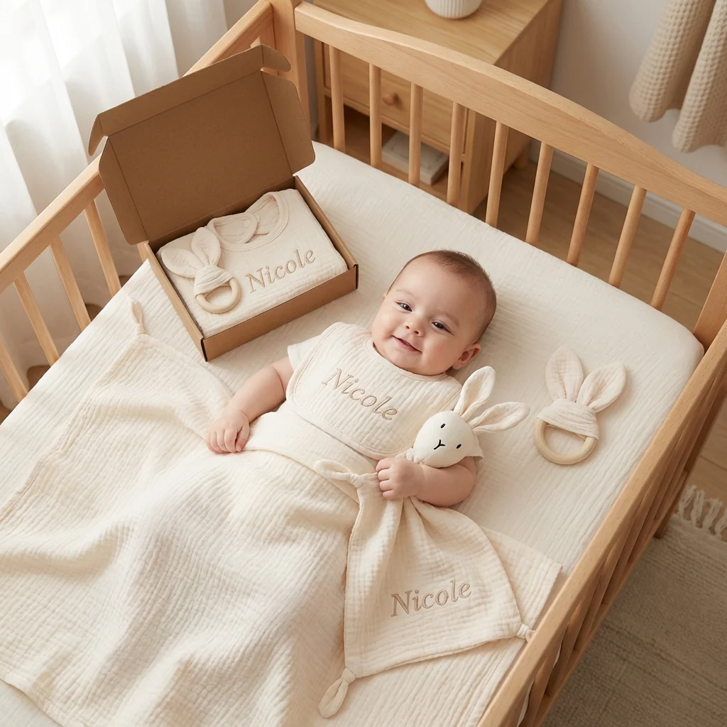 Personalised 4-Piece Newborn Gift Set – Muslin, Bunny Comforter, Teether & Bib (100% Cotton) - Image 9