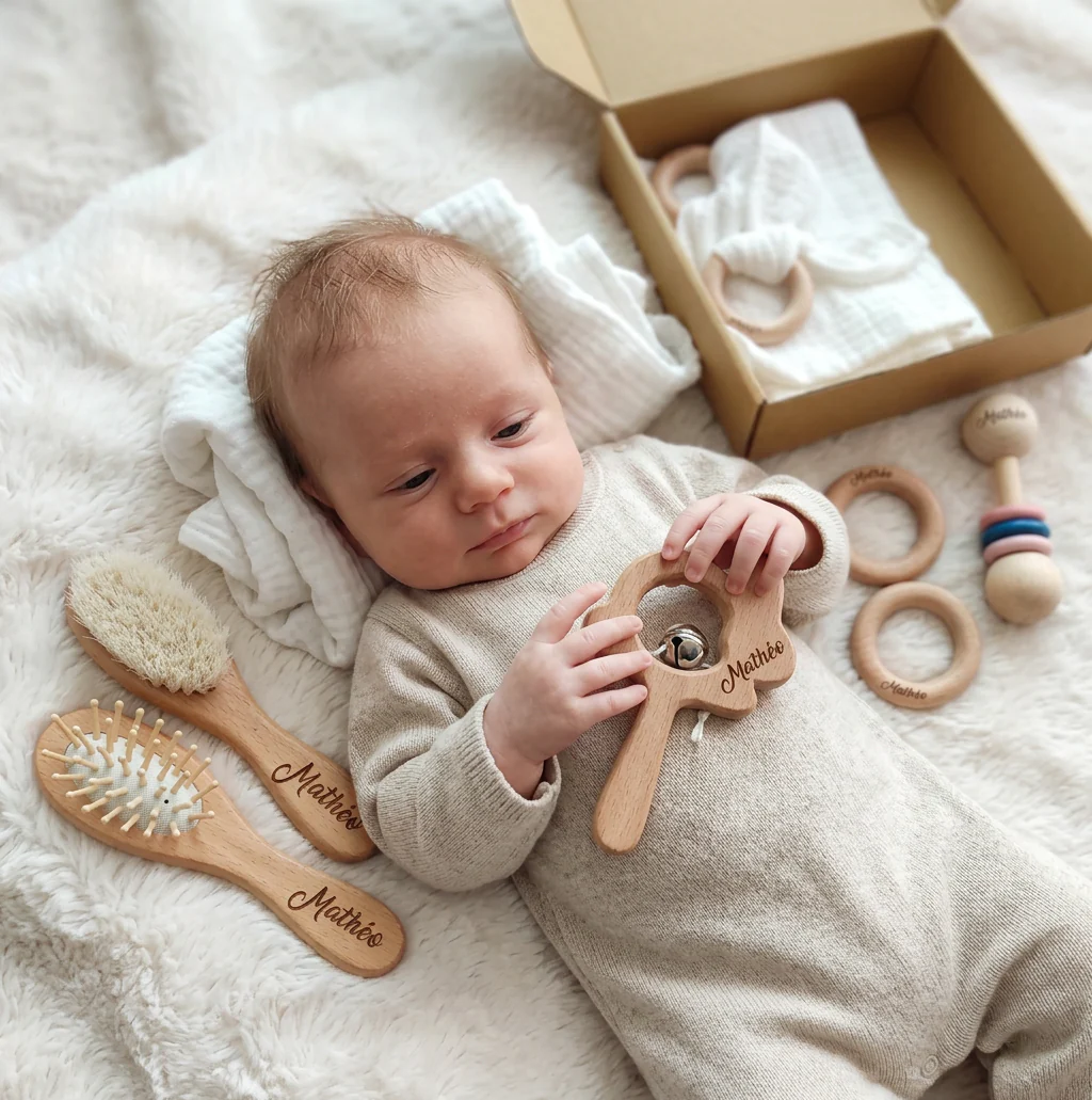 Personalized 6-Piece Baby Gift Set in Wood & Muslin – Teethers, Rattles, Hairbrush & Comfort Blanket with Name Engraving - Image 7