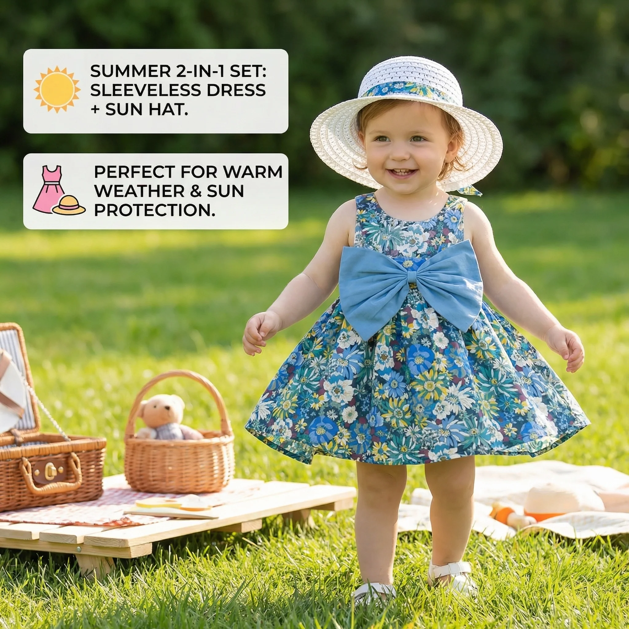 Summer 2-in-1 Girls Dress Set – Sleeveless Cotton Dress with Bow & Floral Sun Hat - Image 3
