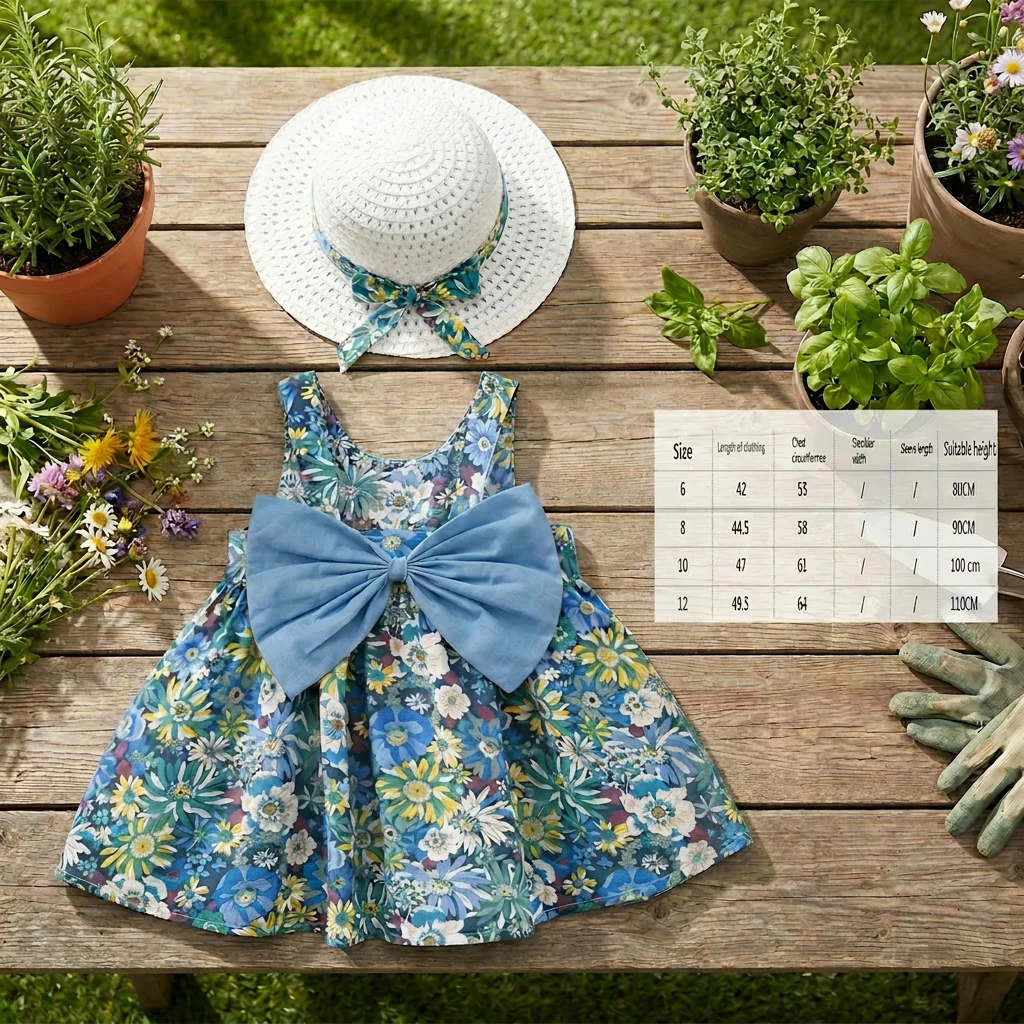Summer 2-in-1 Girls Dress Set – Sleeveless Cotton Dress with Bow & Floral Sun Hat - Image 5