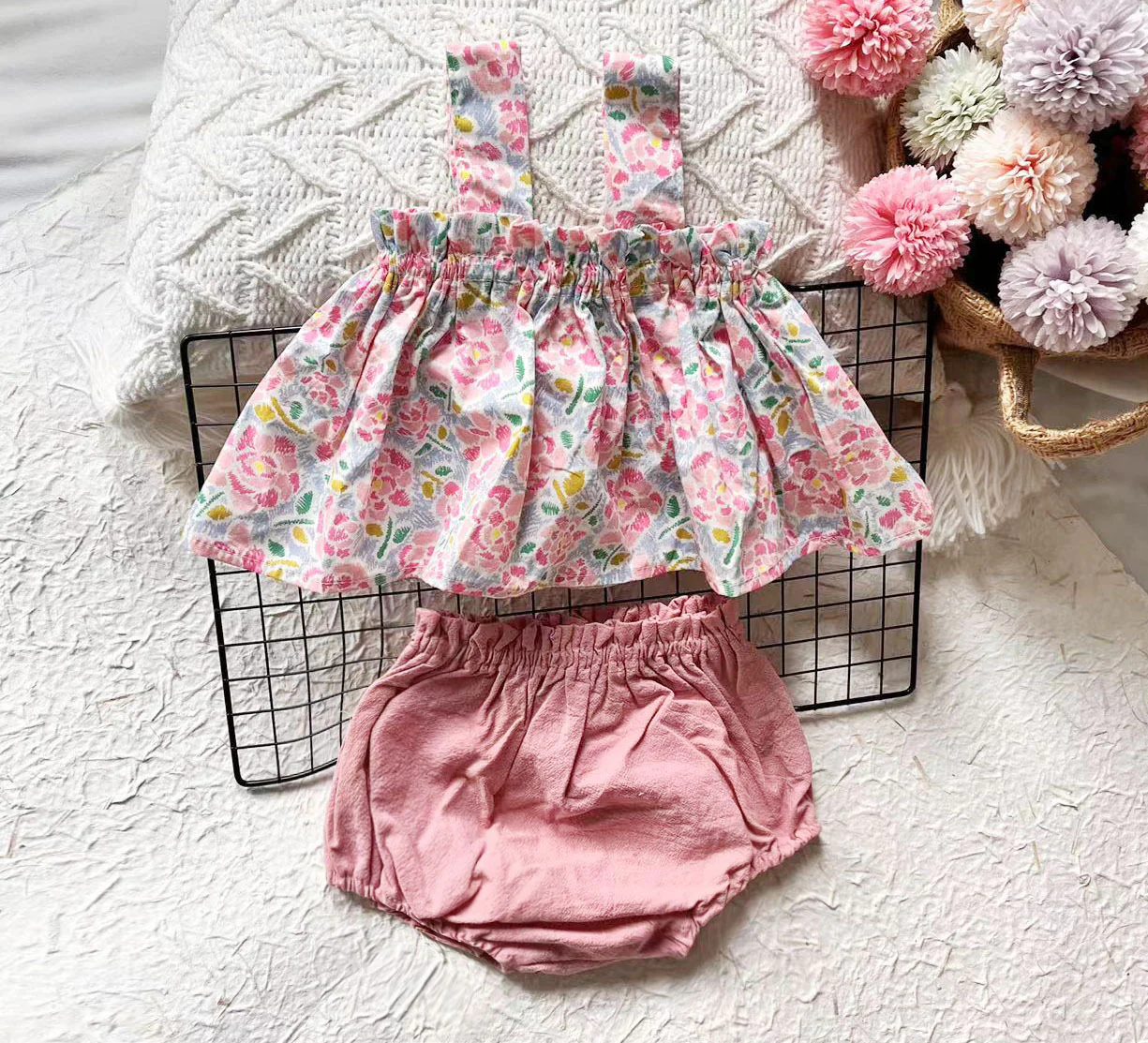 Summer 2-Piece Baby Girl Outfit – Plaid Strap Dress with Matching Bloomers - Image 7