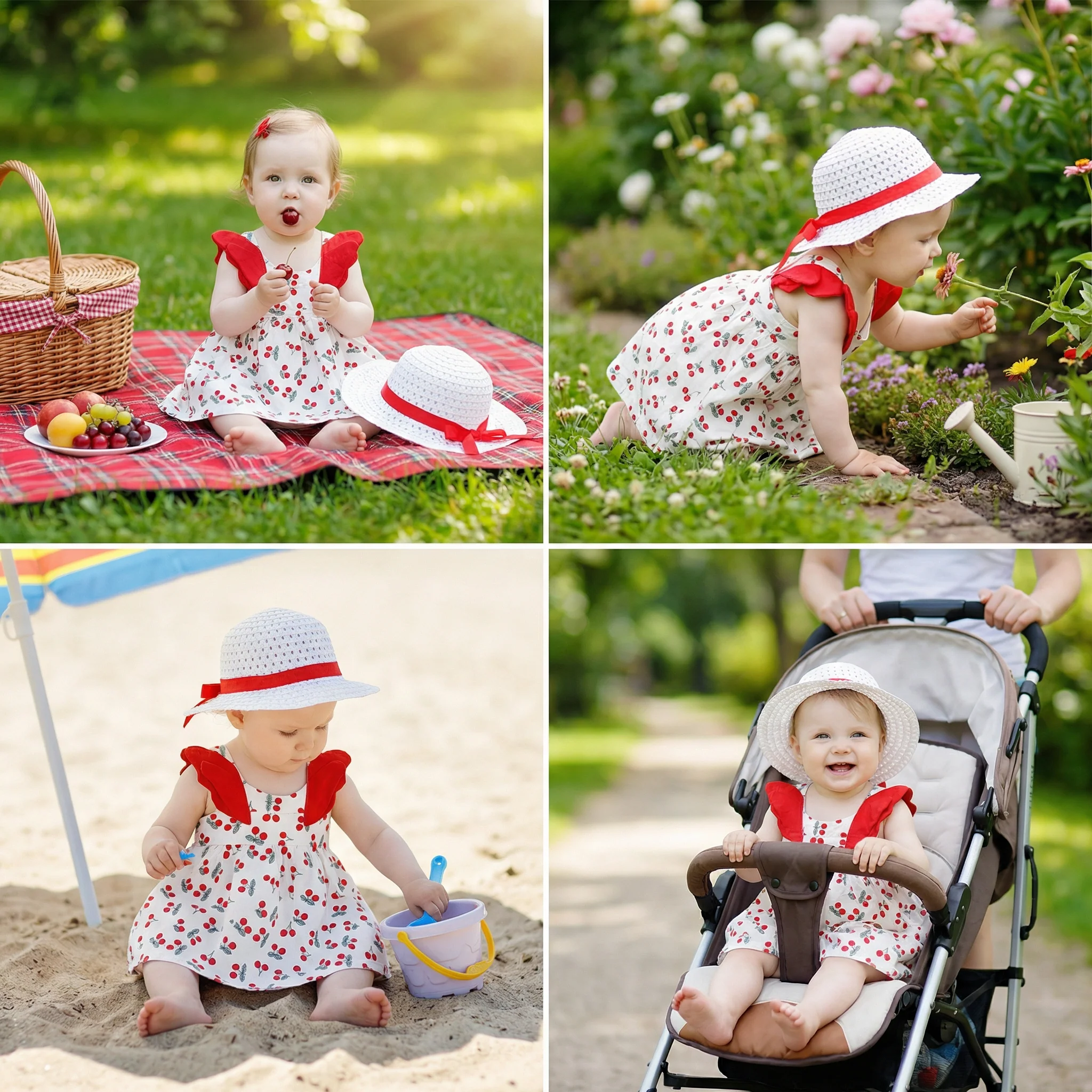 Summer 2-Piece Girls Dress Set – Cherry Print Korean Style Dress with Straw Hat - Image 4