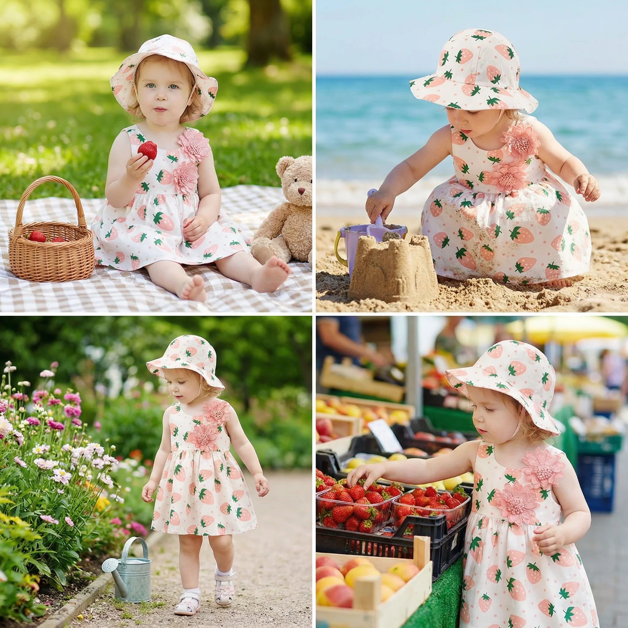 Summer 2-Piece Girls Dress Set – Sleeveless Strawberry Print Dress with Matching Hat - Image 4