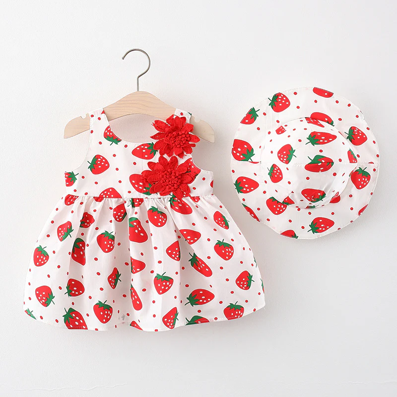 Summer 2-Piece Girls Dress Set – Sleeveless Strawberry Print Dress with Matching Hat - Image 7