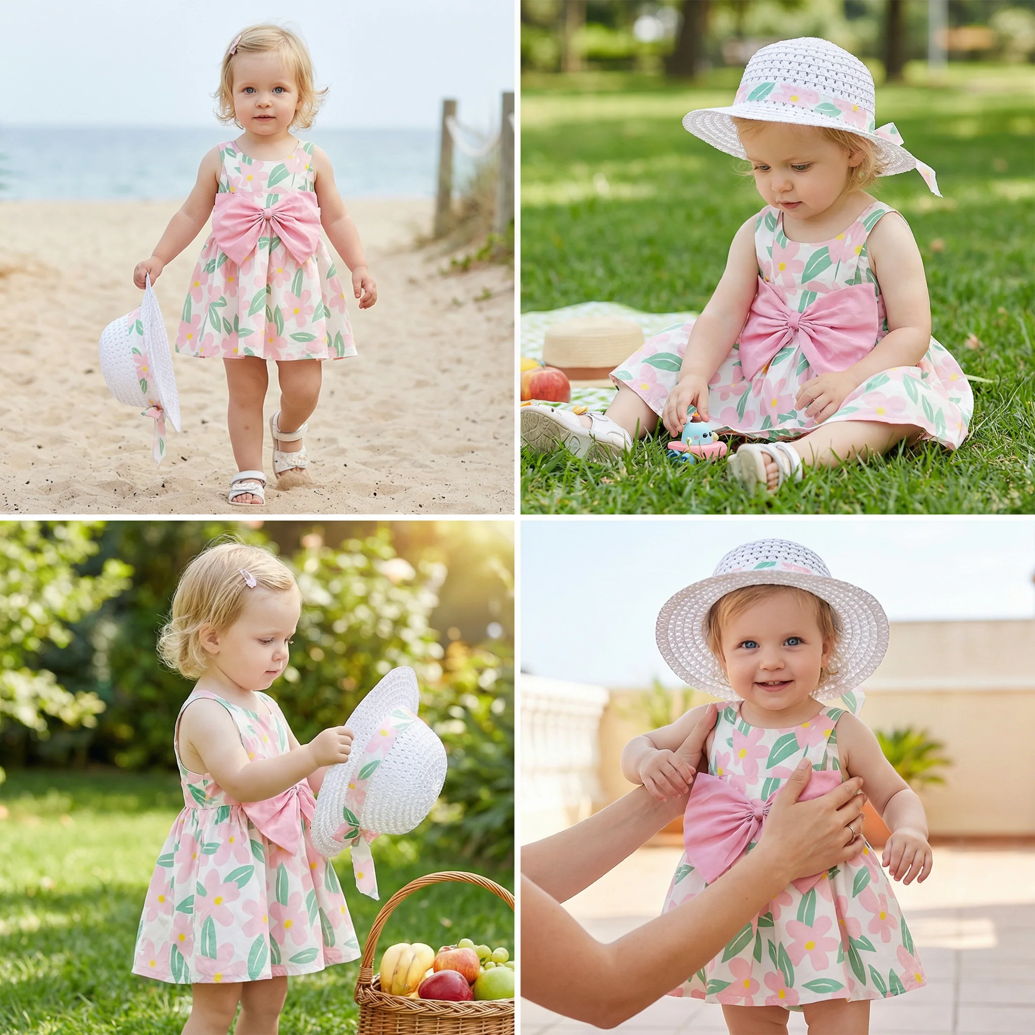 Summer Strap Dress Set for Babies & Toddlers – Sleeveless Bow Dress with Matching Hat - Image 4