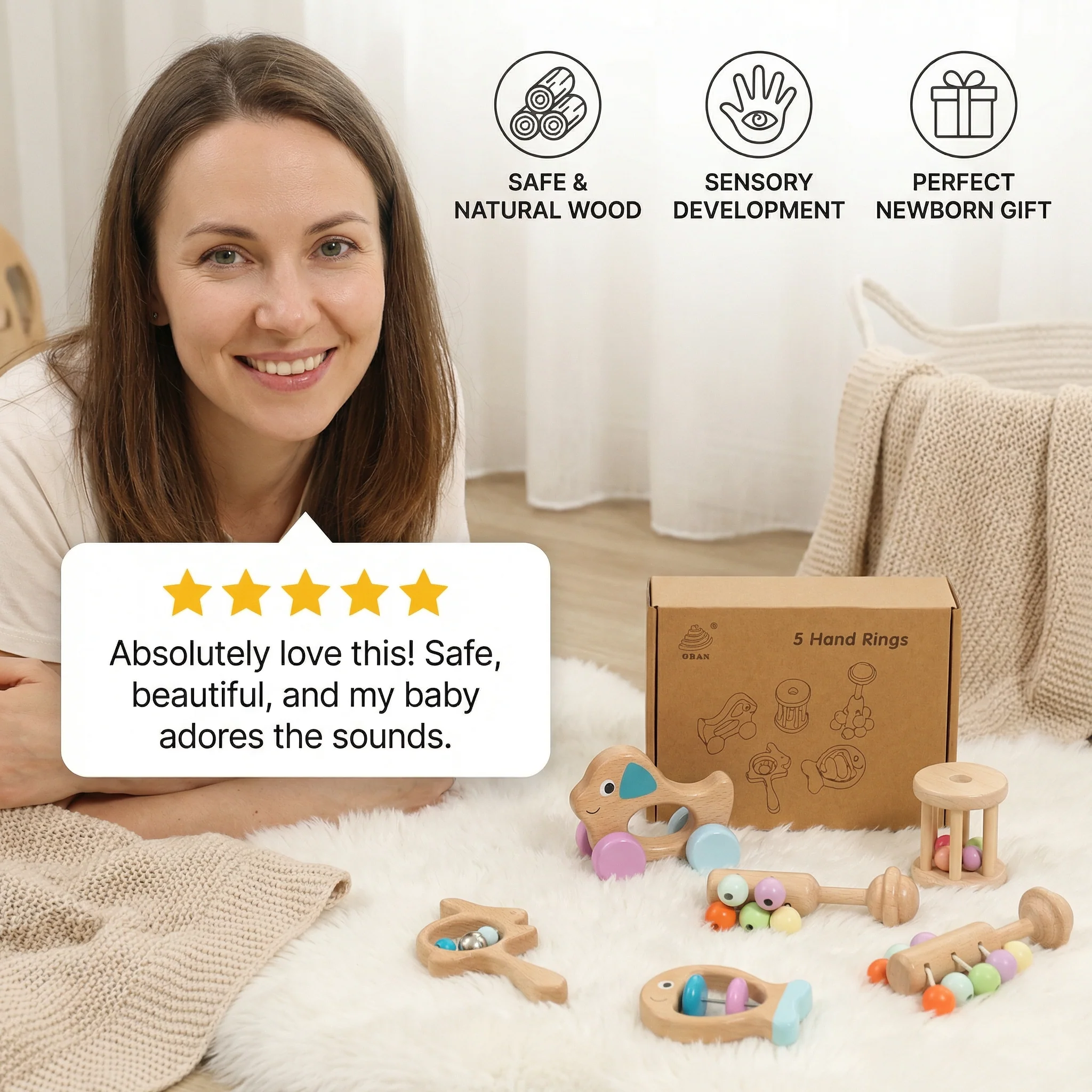Wooden Baby Gift Set – Rattle & Musical Toy Set for Newborns - Image 2