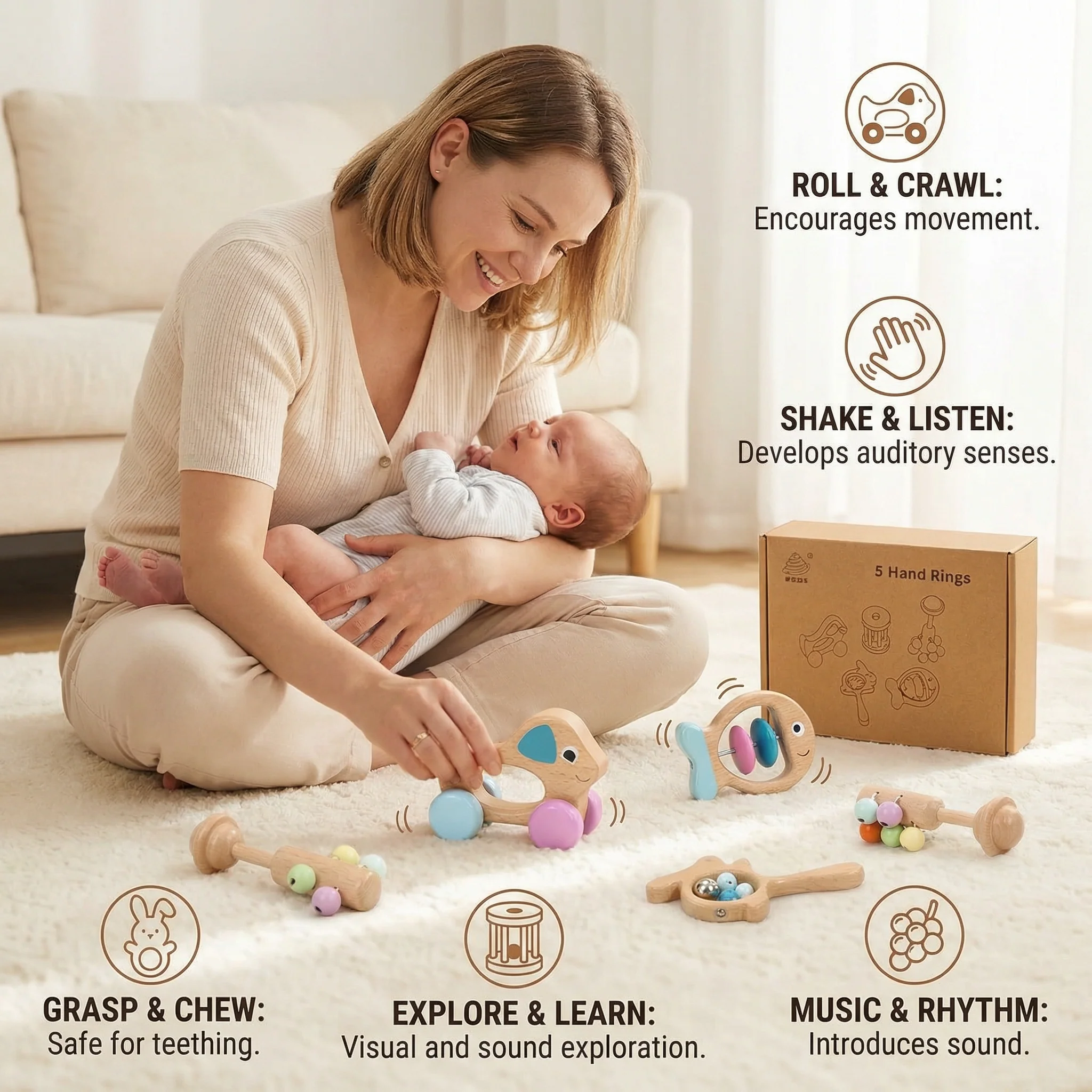 Wooden Baby Gift Set – Rattle & Musical Toy Set for Newborns - Image 3